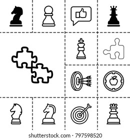 Strategy icons. set of 13 editable outline strategy icons such as horse chess, chess king, puzzle, thumb up, apple target, target