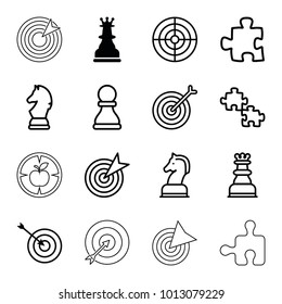 Strategy icons. set of 16 editable outline strategy icons such as chess king, target, puzzle, chess horse