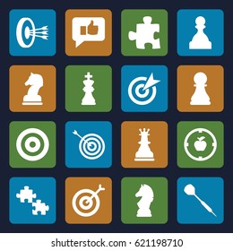 Strategy icons set. set of 16 strategy filled icons such as target, dart, chess king, chess horse, thumb up, apple target, pawn, arrows in target