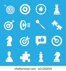 Strategy icons set. set of 16 strategy filled icons such as target, dart, chess king, chess horse, horse chess, thumb up, apple target, pawn, arrows in target