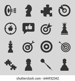 Strategy icons set. set of 16 strategy filled icons such as target, dart, chess king, chess horse, chess pawn, thumb up, apple target, pawn, arrows in target