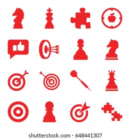 Strategy icons set. set of 16 strategy filled icons such as target, dart, chess king, chess horse, thumb up, apple target, pawn, arrows in target