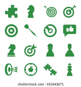 Strategy icons set. set of 16 strategy filled icons such as target, dart, chess king, chess horse, thumb up, apple target, pawn, arrows in target