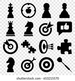 Strategy icons set. set of 16 strategy filled icons such as dart, chess king, chess horse, target, thumb up, apple target, pawn, arrows in target