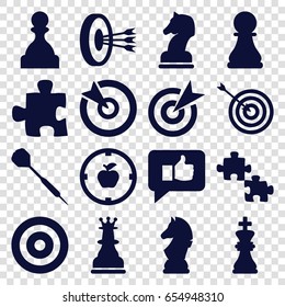 Strategy icons set. set of 16 strategy filled icons such as target, dart, chess king, chess horse, thumb up, apple target, pawn, arrows in target