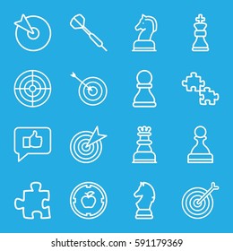 strategy icons set. Set of 16 strategy outline icons such as target, horse chess, chess king, dart, pawn, puzzle, thumb up