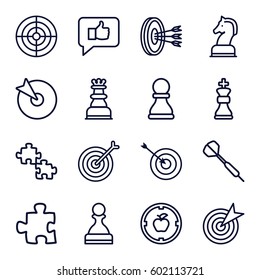 strategy icons set. Set of 16 strategy outline icons such as target, horse chess, chess king, dart, chess pawn, pawn, arrows in target, puzzle, thumb up