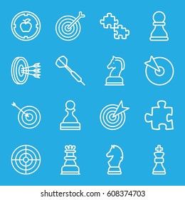 Strategy icons set. set of 16 strategy outline icons such as target, horse chess, chess king, dart, pawn, arrows in target, puzzle