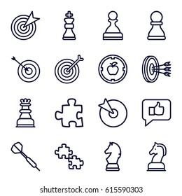 Strategy icons set. set of 16 strategy outline icons such as target, horse chess, chess king, dart, pawn, arrows in target, puzzle, thumb up