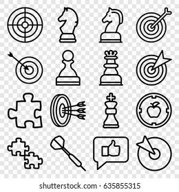 Strategy icons set. set of 16 strategy outline icons such as target, horse chess, chess king, dart, chess horse, pawn, arrows in target, puzzle, thumb up