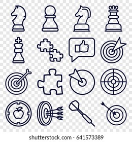 Strategy icons set. set of 16 strategy outline icons such as target, horse chess, chess king, dart, arrows in target, puzzle, thumb up
