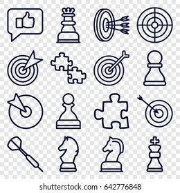 Strategy icons set. set of 16 strategy outline icons such as target, horse chess, chess king, dart, pawn, arrows in target, puzzle
