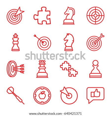 Strategy icons set. set of 16 strategy outline icons such as target, horse chess, chess king, dart, chess horse, pawn, arrows in target, puzzle, thumb up