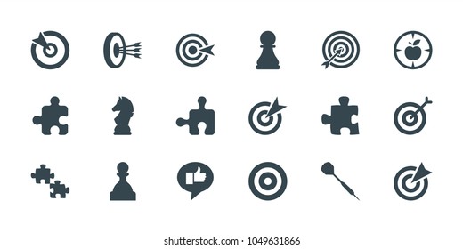 Strategy icons. set of 18 editable filled strategy icons: target, puzzle, dart, chess horse, chess pawn, pawn, arrows in target, thumb up