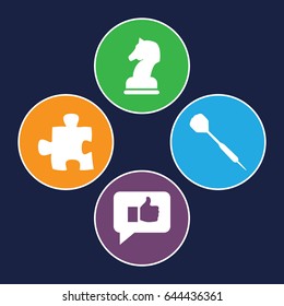 Strategy icons set. set of 4 strategy filled icons such as dart, horse chess, thumb up