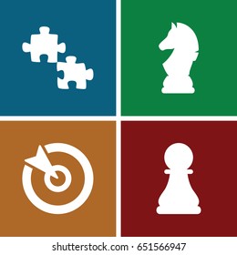 Strategy icons set. set of 4 strategy filled icons such as chess horse, chess pawn, target