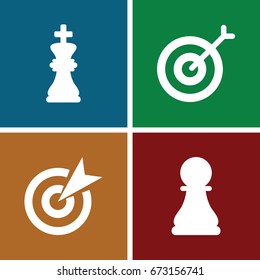 Strategy icons set. set of 4 strategy filled icons such as chess king, chess pawn