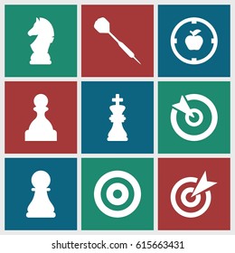 Strategy icons set. set of 9 strategy filled icons such as dart, chess king, chess horse, chess pawn, target, apple target