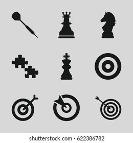 Strategy icons set. set of 9 strategy filled icons such as target, dart, chess king, chess horse