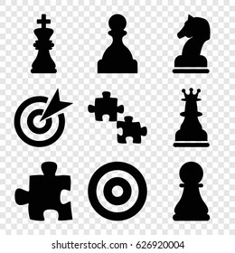 Strategy icons set. set of 9 strategy filled icons such as chess king, chess pawn, horse chess, pawn, target