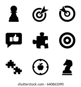 Strategy icons set. set of 9 strategy filled icons such as chess pawn, horse chess, target, thumb up, apple target