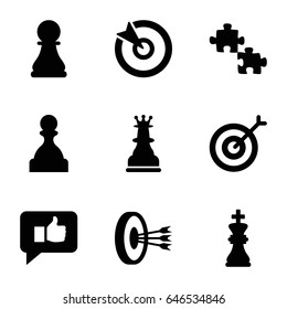 Strategy icons set. set of 9 strategy filled icons such as chess king, chess pawn, target, thumb up, pawn, arrows in target