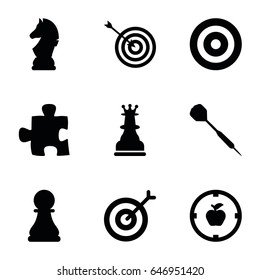 Strategy icons set. set of 9 strategy filled icons such as target, dart, chess horse, chess pawn, chess king, apple target