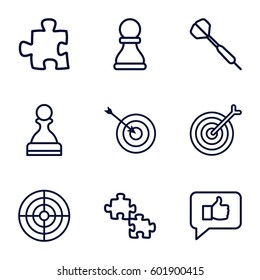 strategy icons set. Set of 9 strategy outline icons such as target, dart, chess pawn, pawn, puzzle