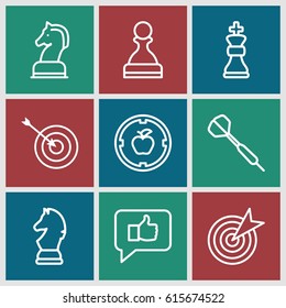 Strategy icons set. set of 9 strategy outline icons such as target, horse chess, dart, chess king, chess horse, pawn, thumb up