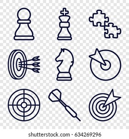 Strategy icons set. set of 9 strategy outline icons such as dart, chess king, chess horse, chess pawn, target, arrows in target