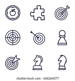 Strategy icons set. set of 9 strategy outline icons such as target, horse chess, chess horse, chess pawn, puzzle