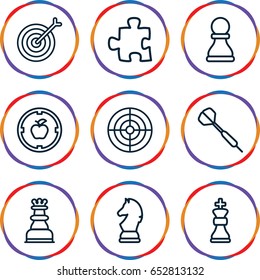 Strategy icons set. set of 9 strategy outline icons such as chess king, dart, chess horse, chess pawn, target, puzzle