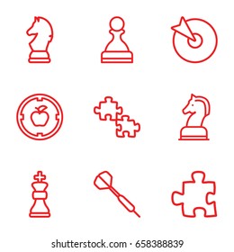 Strategy icons set. set of 9 strategy outline icons such as horse chess, dart, chess king, chess horse, pawn, puzzle, target