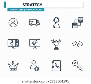 Conjunto de iconos de estrategia: avatar, logística, Asistencia al cliente, carreras, colección de Vector de contorno clave.