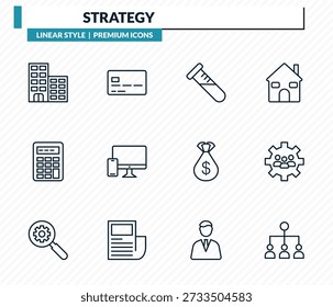 strategy icons set - building, card, sample, teamwork, collaboration outline vector collection.