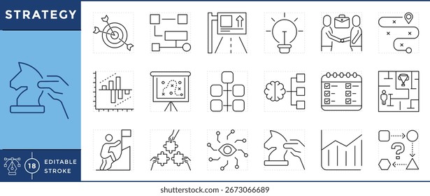 Conjunto de iconos de estrategia. Ajedrez, rompecabezas, diagrama de flujo, hoja de ruta, bombilla, diagrama de mosquitos, pasos, árbol de decisiones, mapa mental y muchos más. Vector de trazo editable.