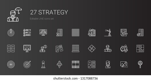 strategy icons set. Collection of strategy with employee, domino, backgammon, startup, pawn, darts, target, puzzle, tic tac toe, scoreboard. Editable and scalable strategy icons.