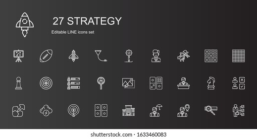 strategy icons set. Collection of strategy with employee, office, domino, target, brainstorm, puzzle, image, job search, skills, pawn, startup. Editable and scalable strategy icons.