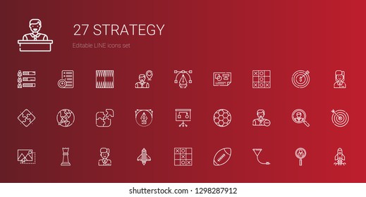 strategy icons set. Collection of strategy with funnel, american football, tic tac toe, startup, employee, chess piece, image, football. Editable and scalable strategy icons.