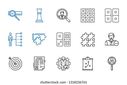 strategy icons set. Collection of strategy with job search, employee, target, puzzle, domino, skills, tic tac toe, chess piece, search engine. Editable and scalable strategy icons.