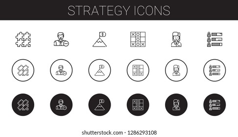 strategy icons set. Collection of strategy with puzzle, employee, goal, tic tac toe, skills. Editable and scalable strategy icons.