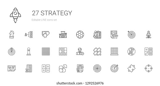 strategy icons set. Collection of strategy with target, job search, puzzle, domino, planning, tic tac toe, employee, pawn, goal, skills. Editable and scalable strategy icons.