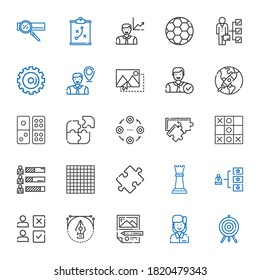 strategy icons set. Collection of strategy with target, employee, planning, vector, choice, skills, chess piece, puzzle, tic tac toe, structure. Editable and scalable strategy icons.