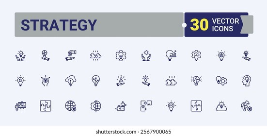 Strategy icons set in linear style. Featuring ai, assist, innovation, info, technology, business, tech, solution. Thin outline icons pack. Editable vector outline and solid icons.