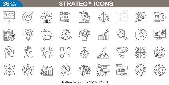 Strategy icons set. Target goal, plan, growth chart, roadmap, vision statement, SWOT analysis, brainstorming, decision making, innovation strategy and more. Vector illustration