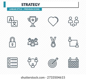 Conjunto de iconos de estrategia: traductor, trofeo, corazón, entrenamiento, colección de Vector de contorno de calendario.