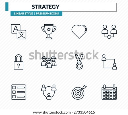 strategy icons set - translator, trophy, heart, coaching, calendar outline vector collection.
