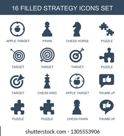 strategy icons. Trendy 16 strategy icons. Contain icons such as apple target, pawn, chess horse, puzzle, target, chess king, thumb up, chess pawn. strategy icon for web and mobile.