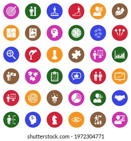 Strategy Icons. White Flat Collection In Circle. Vector Illustration.