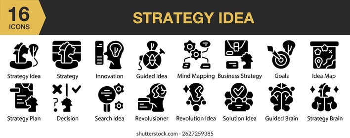Strategy Idea solid set. Includes strategy, business, idea, success, management, marketing, and More. Solid icons vector collection.